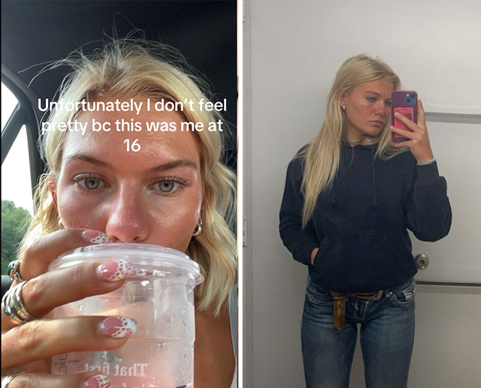 Young woman sharing glow downs trend with a casual selfie and a candid close-up holding a drink in natural light