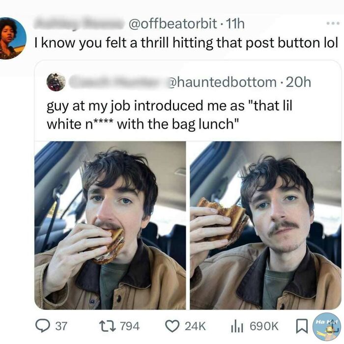 Screenshot of a social media post featuring a man eating a sandwich with mocking posts jokes memes.