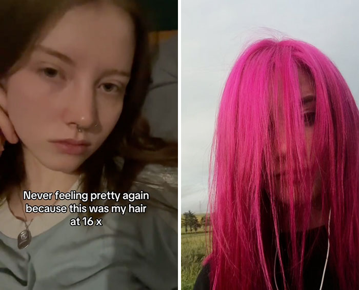 Young woman sharing her glow downs trend with before and after photos showing natural and bright pink hair styles.
