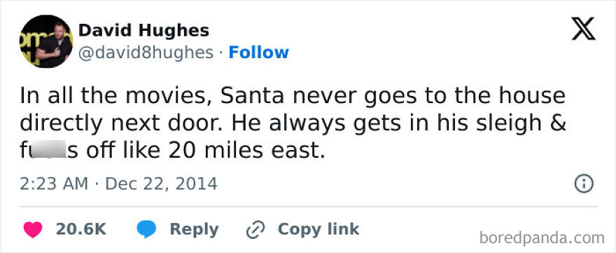 Screenshot of a funny Twitter post from a comedian about Santa’s sleigh route that went viral and was widely shared.