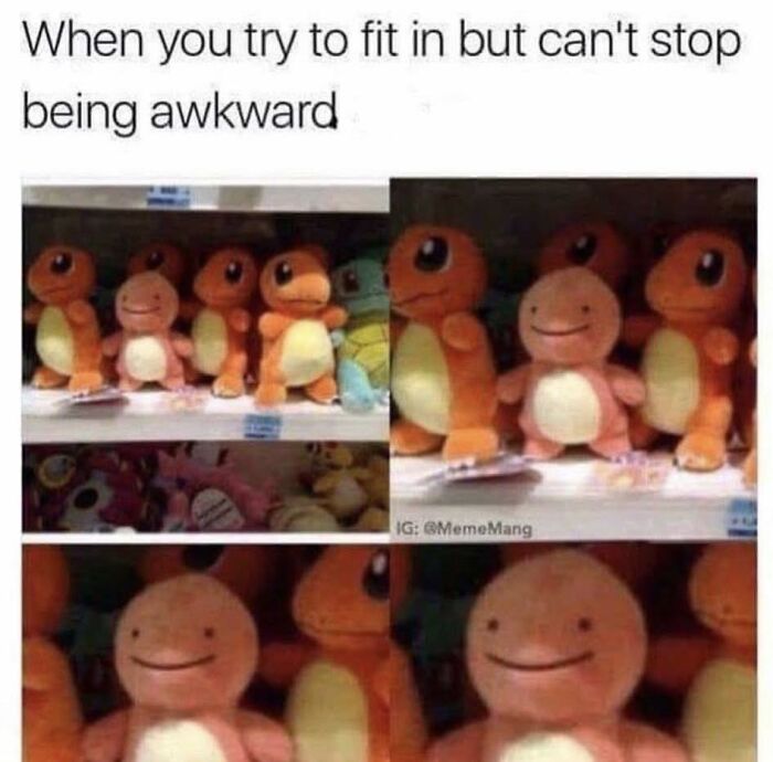 Awkward plush toy among Charmander toys, capturing a funny moment for mental breakdown humor and relatable memes.