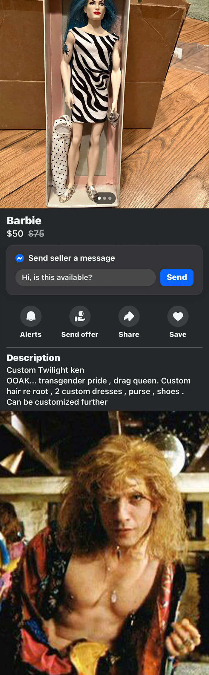 Custom Twilight Ken doll with transgender pride theme and drag queen outfit for sale on Facebook Marketplace wild finds.