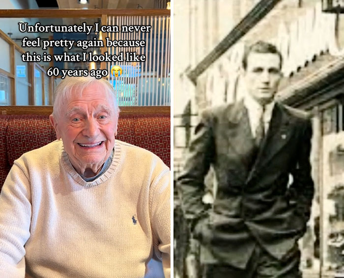 Older man smiling in a modern photo beside a younger version of himself in a black and white glow downs trend comparison.