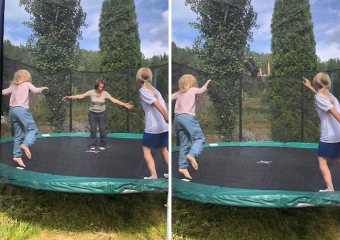 Two panels showing a hilarious Photoshop edit of kids and an adult on a trampoline with a literal invisible person effect.