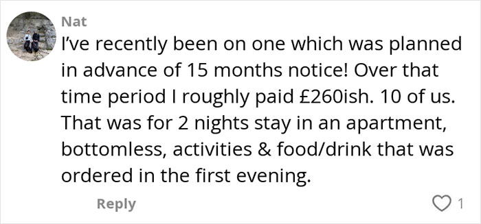 Comment discussing costs and planning details related to paying for hen parties and shared expenses.