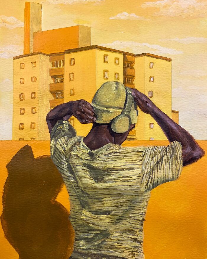 A painted figure wearing headphones and a cap in front of a yellow building, exploring colours, space, and identity themes.