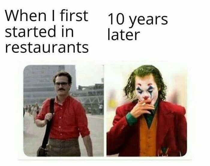 Man in plain clothes on the left and man in clown makeup on the right illustrating working in hospitality over 10 years.