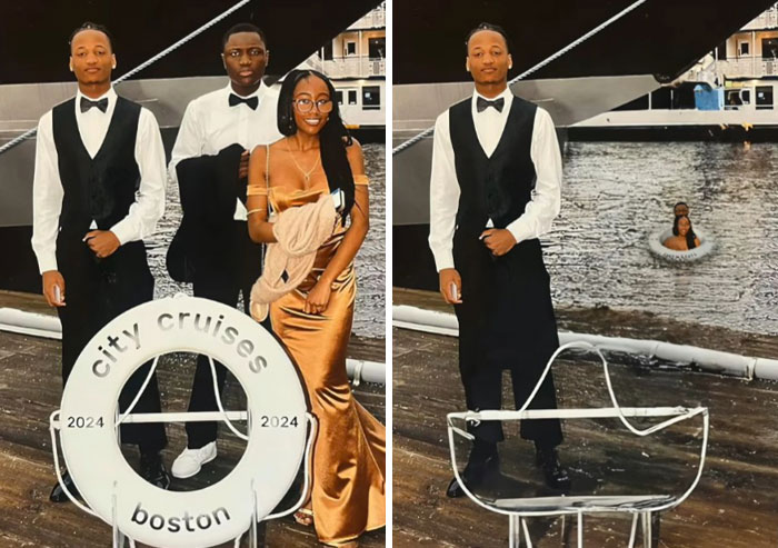 Three people posing on a dock with a literal Photoshop edit showing one person floating on the water in a life ring.