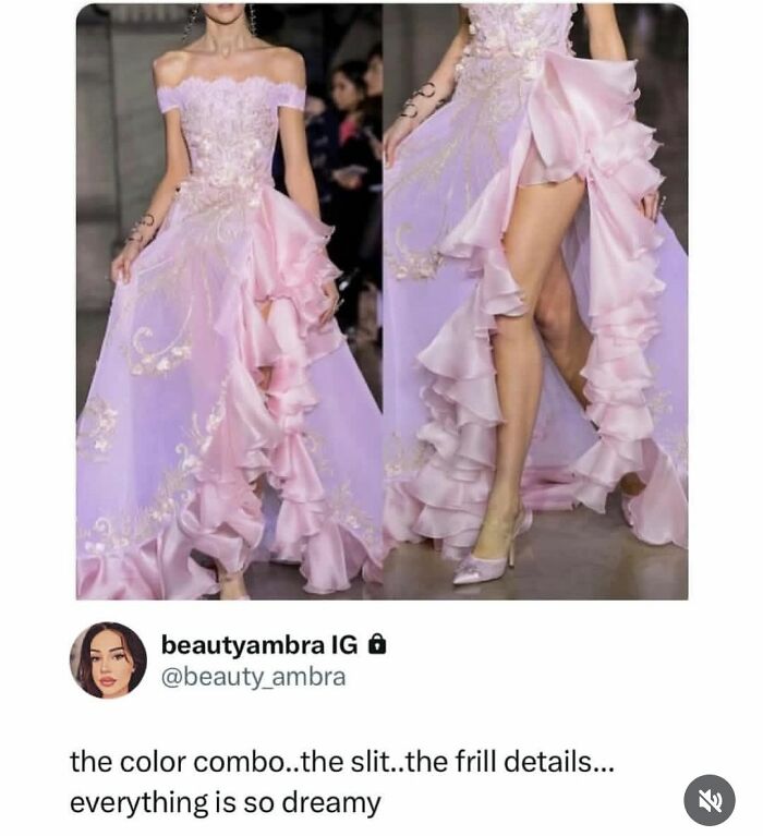 Model wearing a cute pink and lavender dress with frill details and a high slit, showcasing a wholesome fashion moment.