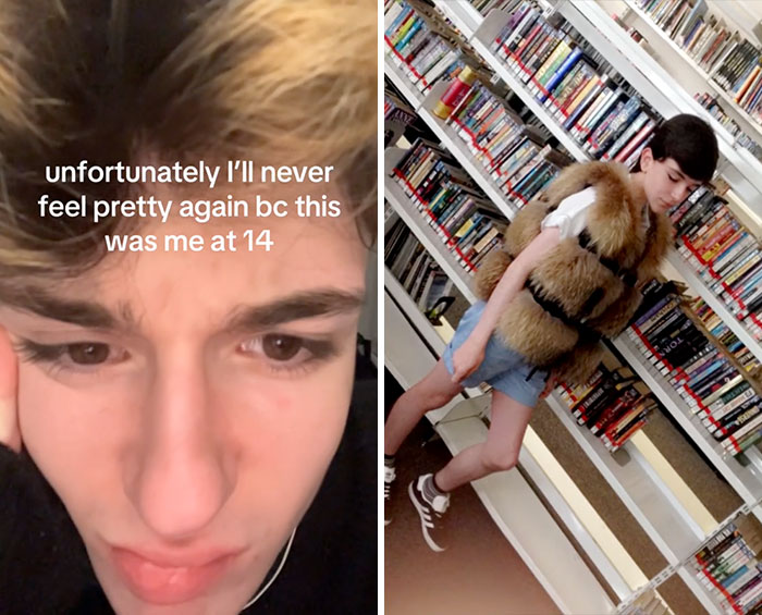 Close-up of a person reflecting on their glow down at age 14 and a full-body image in a library showcasing the glow downs trend.