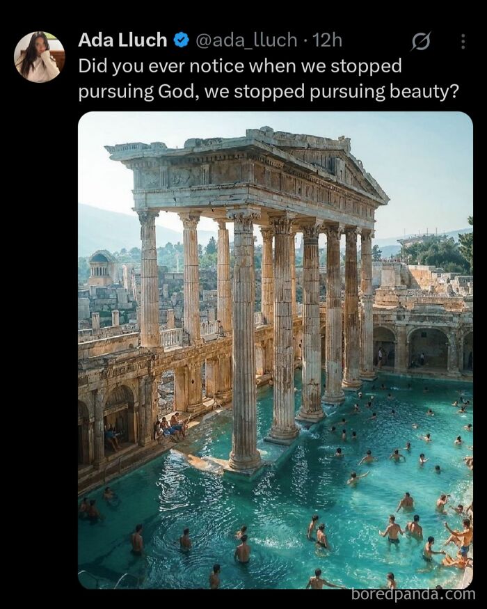 Tweet with a hot take about beauty and God over an image of ancient ruins with a pool filled with people swimming.