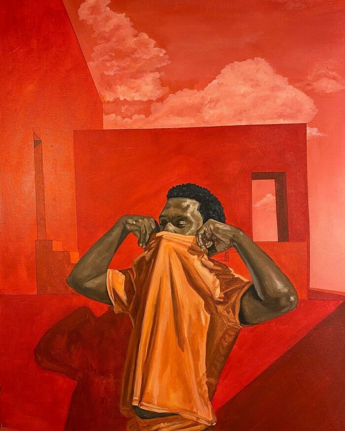 A painting highlighting the use of colours and space, featuring a figure partially covering their face with an orange shirt.