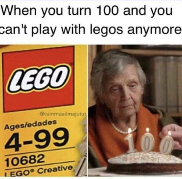 Elderly woman with a 100th birthday cake next to a LEGO age limit sign, highlighting sarcastic humor memes.