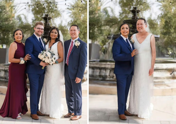 Wedding photo before and after hilarious Photoshop edits showing literal photo request with swapped outfits and people.