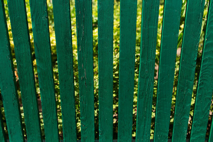 Green wooden fence with vertical slats overlooking a messy garage with a refrigerator inside.