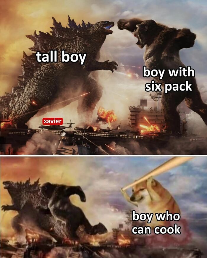 Godzilla labeled tall boy fighting King Kong labeled boy with six pack, followed by a dog labeled boy who can cook meme.