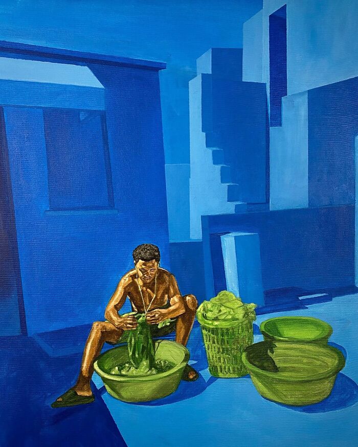 A painting depicting the use of colours and space, showing a man working with green leaves against blue geometric background.