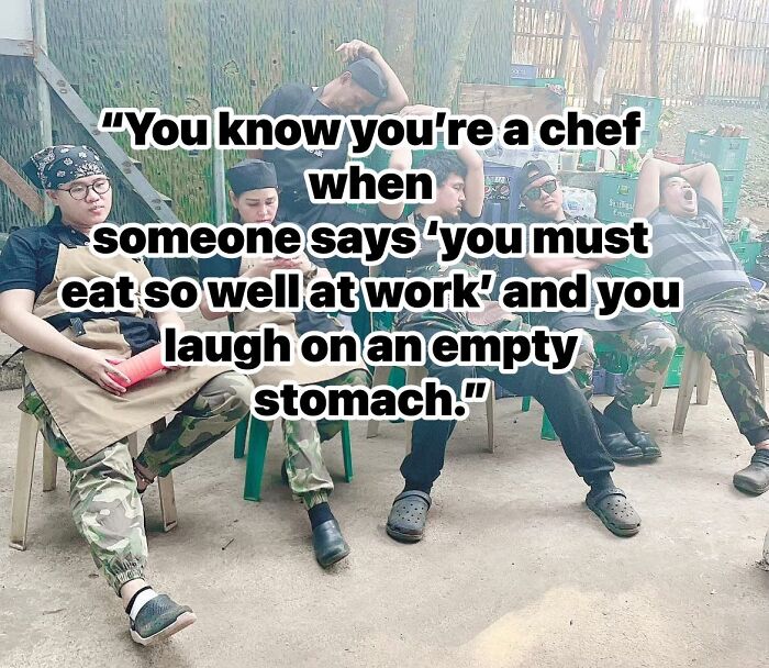 Group of hospitality workers in casual attire sitting tiredly on chairs, illustrating relatable hospitality work meme.