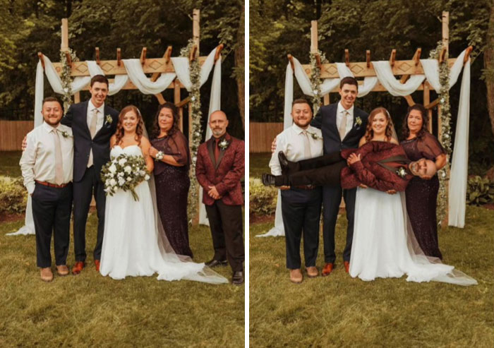 Wedding group photos before and after hilarious Photoshop edits showing literal photo requests by an artist.
