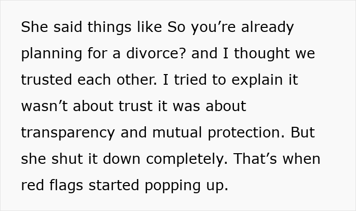 Text excerpt highlighting a bride-to-be shutting down a prenup discussion amid concerns over secret credit card debt.