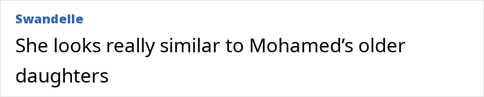 Comment stating resemblance between a woman and Mohamed’s older daughters, related to Gigi and Bella Hadid secret sister news. Comment stating resemblance between a woman and Mohamed’s older daughters, related to Gigi and Bella Hadid secret sister news.