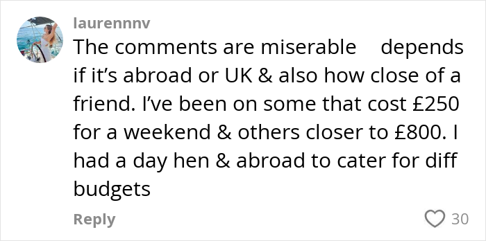 User comment discussing the costs of hen parties abroad and in the UK, debating whether paying has gotten out of hand.