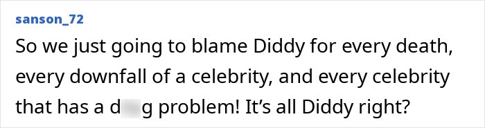 Screenshot of a social media comment mentioning Diddy in relation to controversies with celebrities.