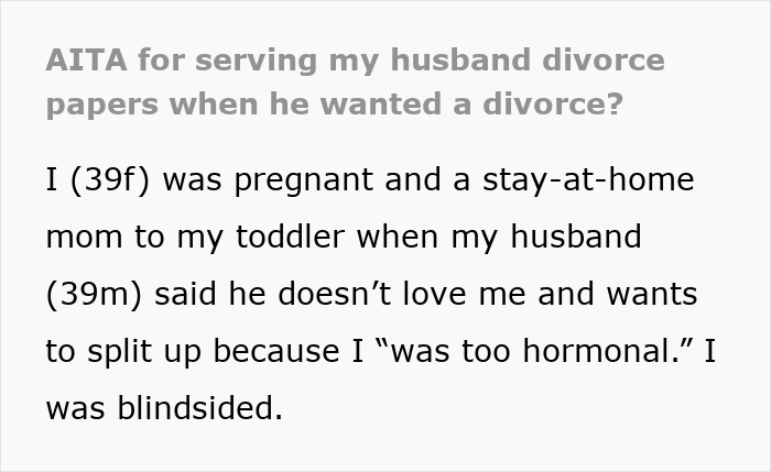 Screenshot of a post about a man blindsiding his post-partum wife with divorce and custody conflict shared on a forum. Screenshot of a post about a man blindsiding his post-partum wife with divorce and custody conflict shared on a forum.