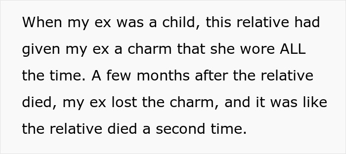 Text passage about an ex-fiance losing a charm worn since childhood in relation to a relative&rsquo;s death in an apartment.