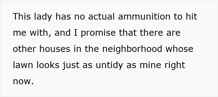 Text on a white background discussing a neighbor’s untidy lawn and a woman making wellness checks. Text on a white background discussing a neighbor’s untidy lawn and a woman making wellness checks.