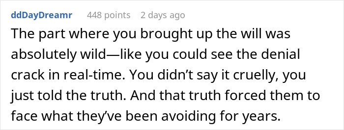 Reddit comment describing a dramatic moment as a couple goes ballistic over daughter refusing to invite bully brother to wedding.