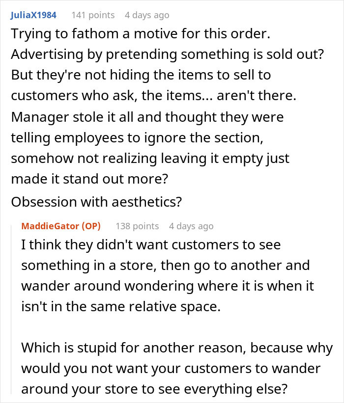 Reddit discussion about manager told staff not to fill empty shelves causing no sales and customer confusion in store.