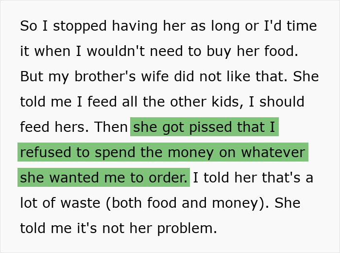 Text excerpt about refusing to spend money on kid outings with brother&rsquo;s kids causing family tension.