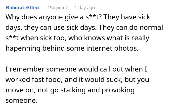 Comment discussing sick days and calling out work, related to bottomless mimosa brunch experiences after calling in sick.