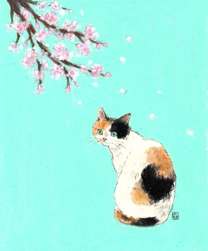 Calico cat sitting under cherry blossoms in a delicate and adorable artwork for cat lovers by Korean artist.