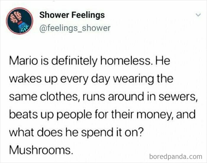 Screenshot of a humorous social media post sharing shower thoughts to occupy your brain during showering.