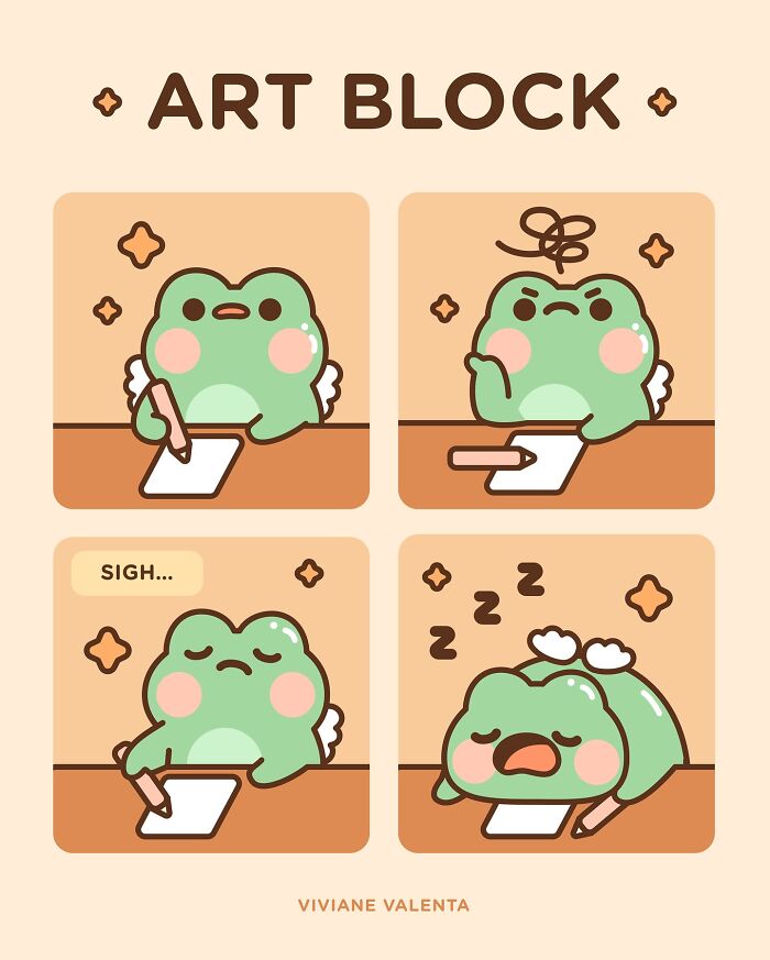 Cute frog illustrations showing art block struggle with food puns by Viviane Valenta in a relatable comic style.