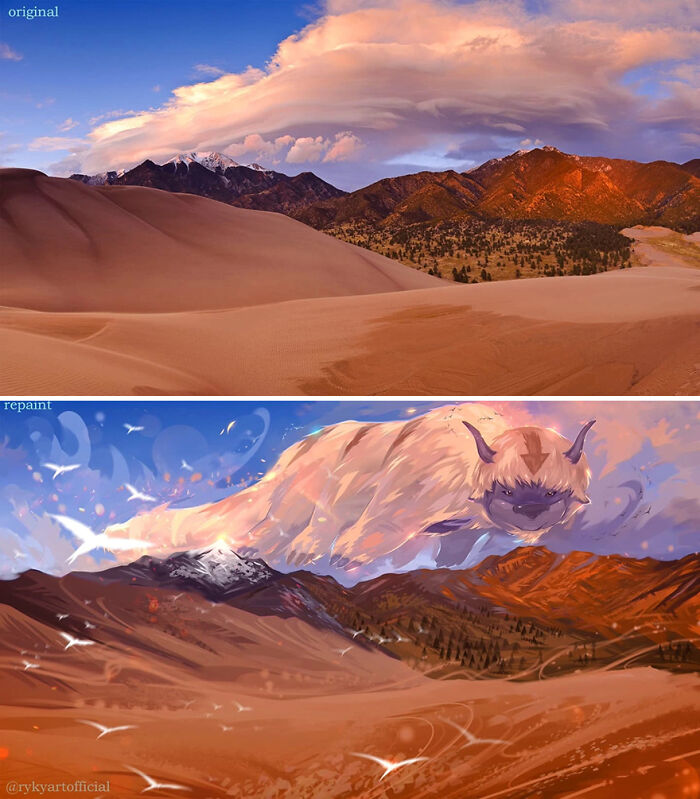 Desert landscape transformed by artist into a fantastical world featuring a large mystical creature flying above mountains.