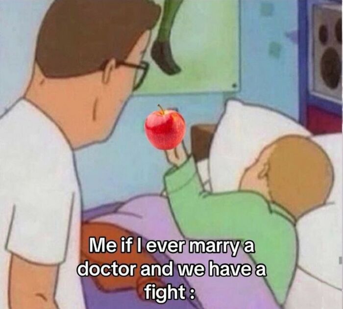 Cartoon showing a man holding an apple to a child in bed with a funny meme about marriage and fighting.