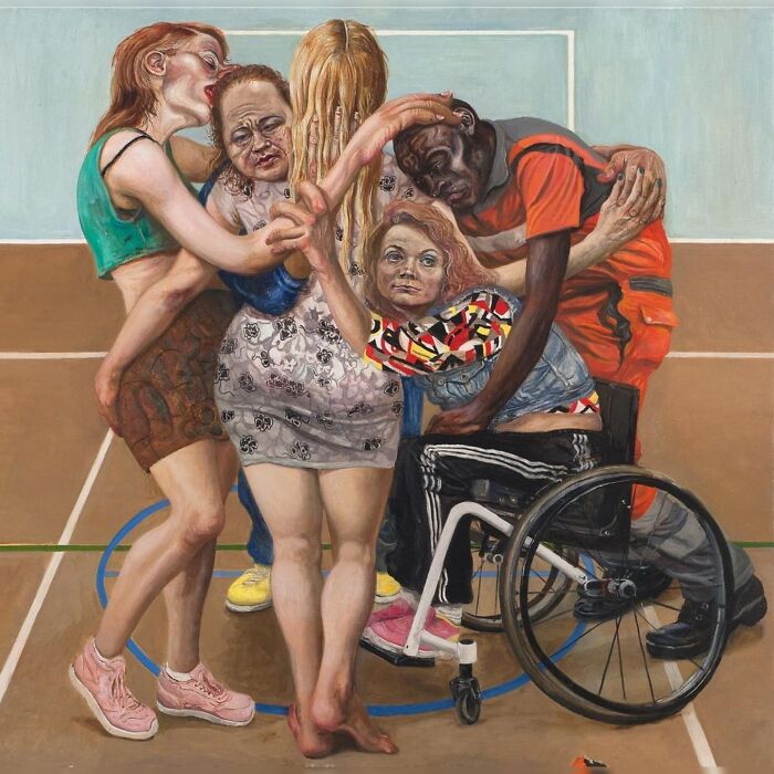 Five diverse people intertwined in an intimate embrace, illustrating humorous layers and social tensions through art.