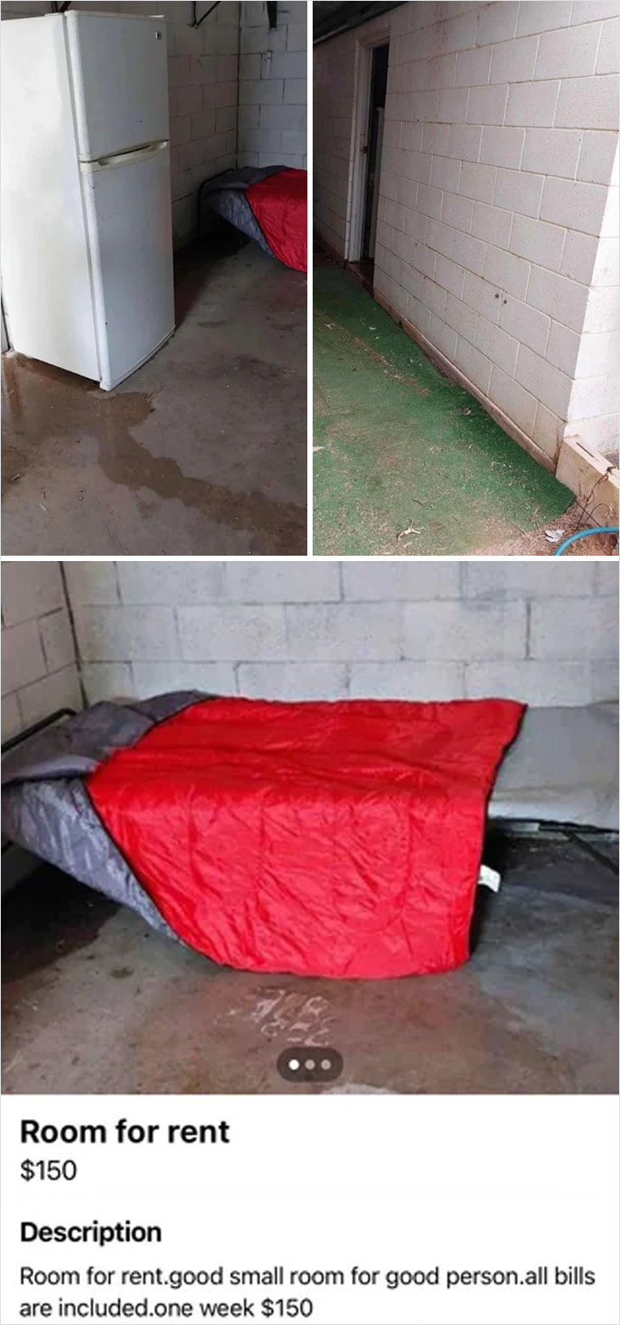 Dilapidated rental room with stained floors, bare cinder block walls, and minimal furnishings showing bad landlords' neglect.