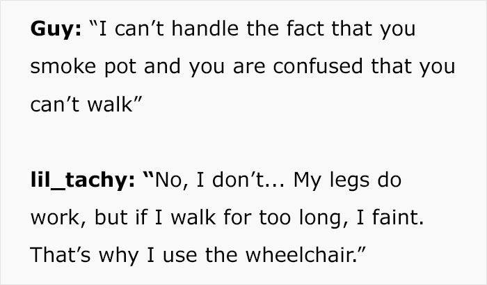 Text conversation showing a woman with POTS explaining her use of a wheelchair due to fainting when walking too long.