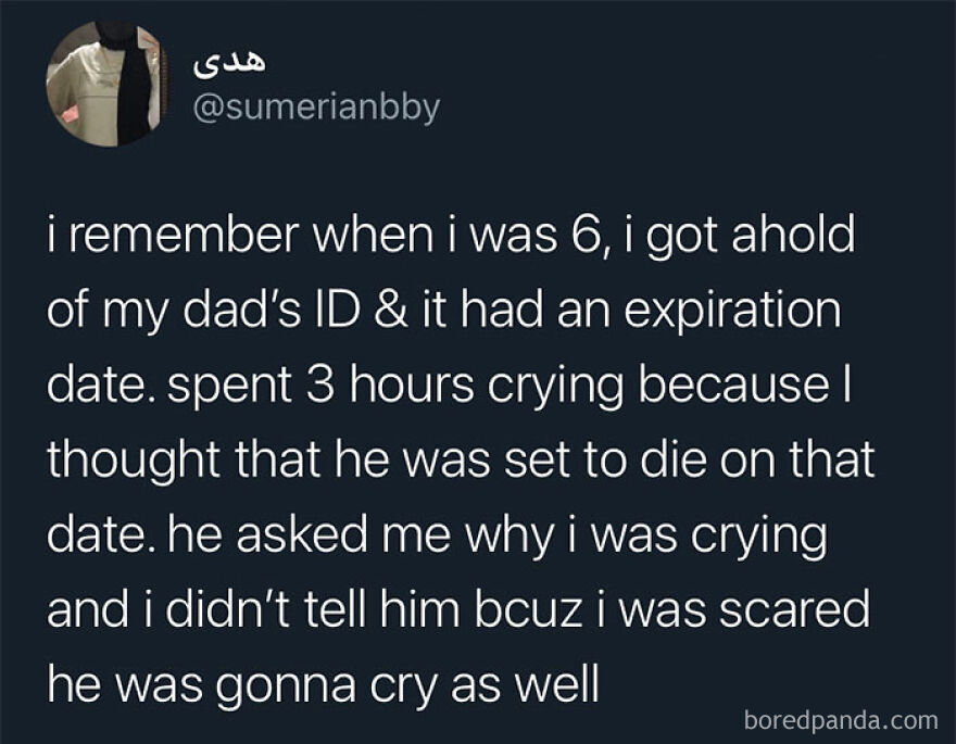 Funny Twitter post from a comedian about a child misinterpreting their dad’s ID expiration date, shared for laughs.