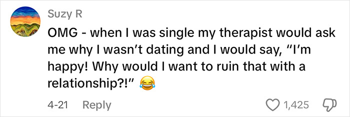 Social media comment by Suzy R about enjoying being alone and avoiding relationships, reflecting women's perspectives.