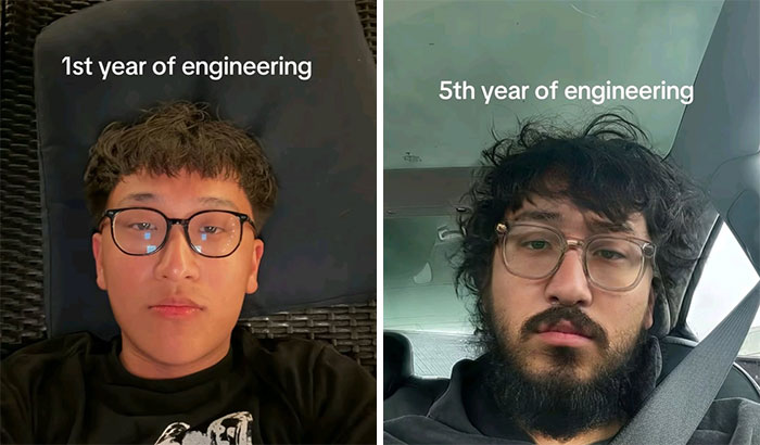 Engineering student before and after photos showing transformation between 1st year and 5th year of college struggle.