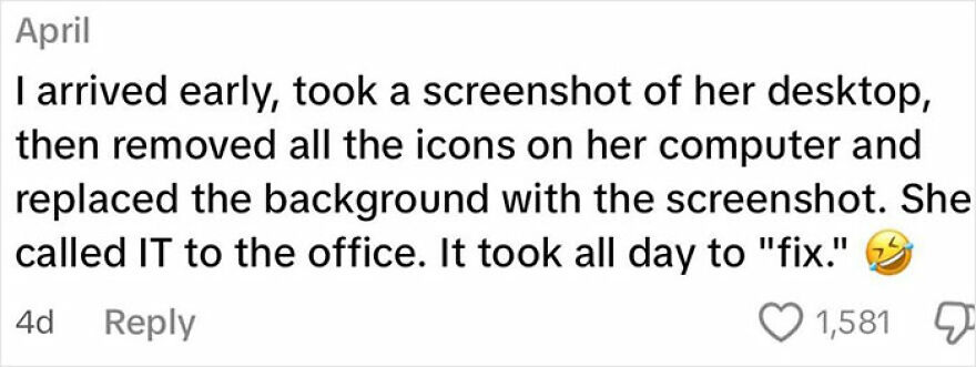 Screenshot of a text sharing a funny story about dealing with toxic coworkers using a computer prank.