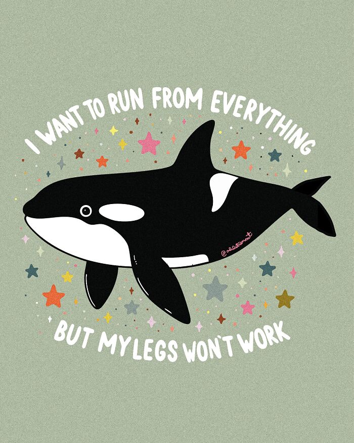 Orca illustration surrounded by colorful stars expressing vulnerability in art therapy with a quote about feeling stuck.