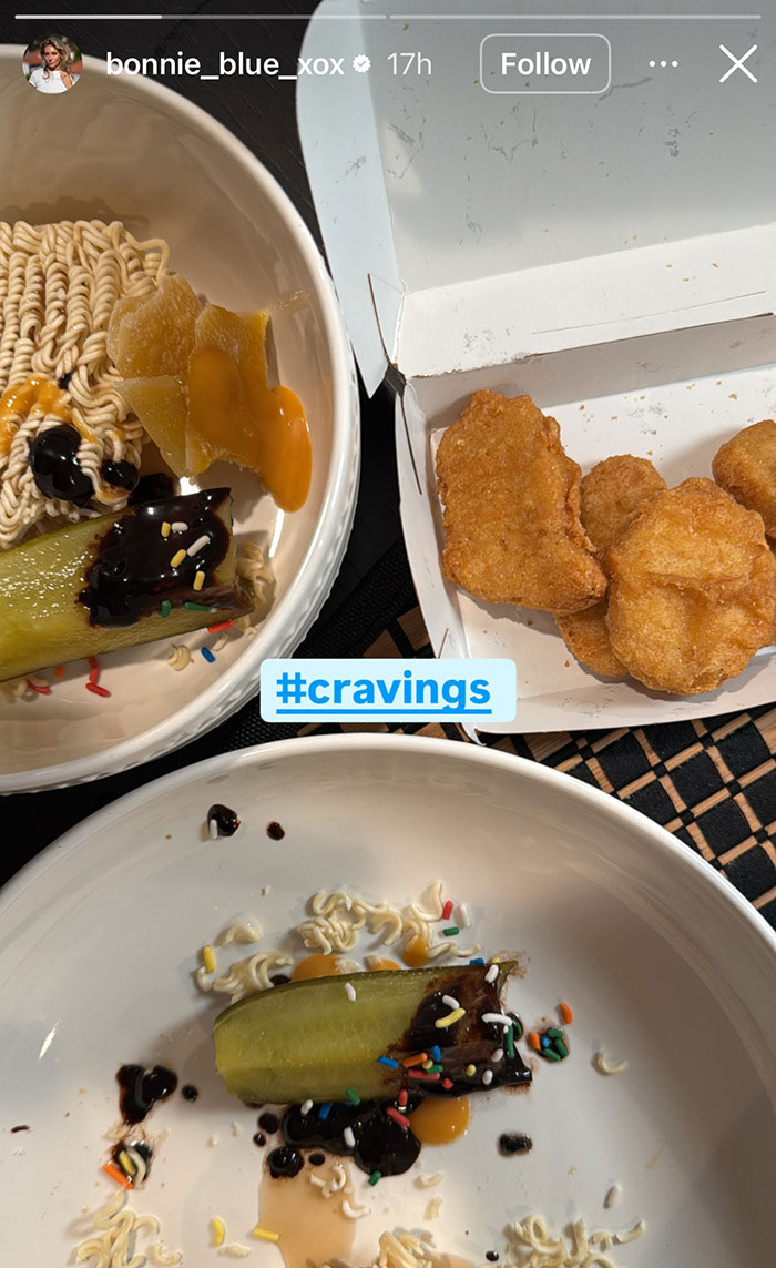 Partial meal with pickles, sauces, and chicken nuggets showcasing Bonnie Blue's cravings amid adult star arrest update.