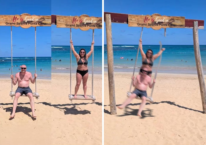 Man and woman on beach swings at Grand Sirenis Punta Cana, showcasing hilarious Photoshop edits and literal photo requests.