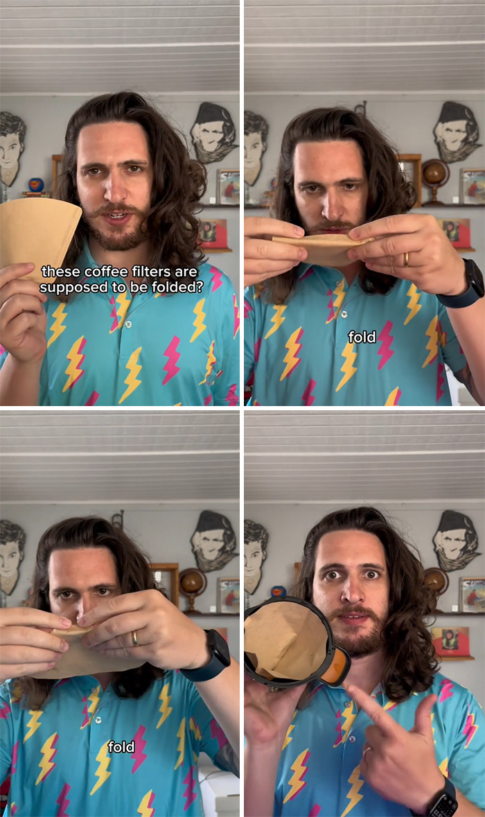Man demonstrating how to properly fold coffee filters wearing a colorful shirt in a home setting for life hacks.